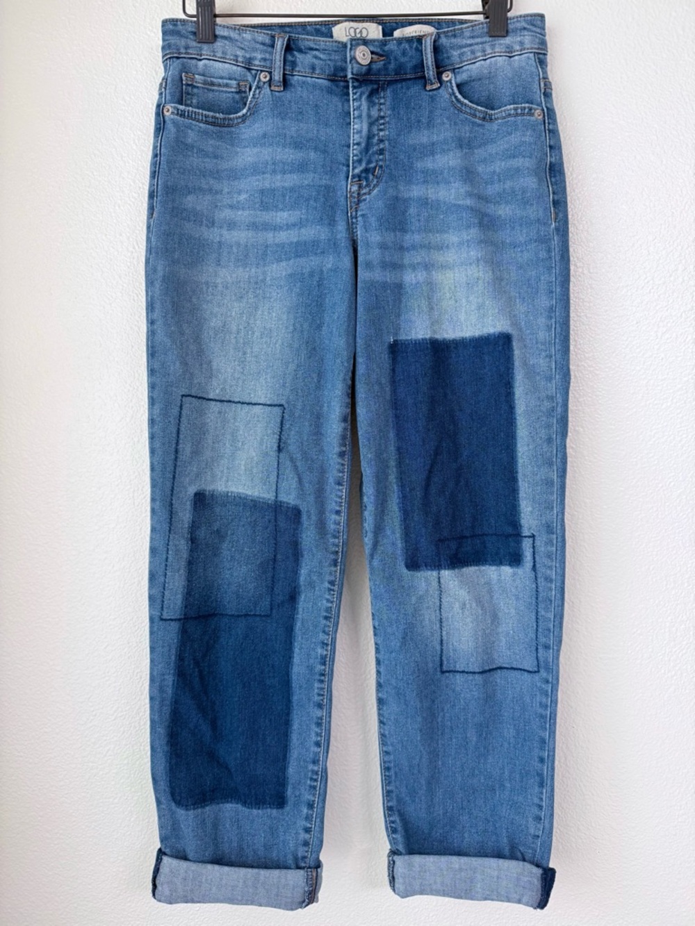 LOGO by Lori Goldstein Medium Wash Shadow Patch Boyfriend Jeans Size 4